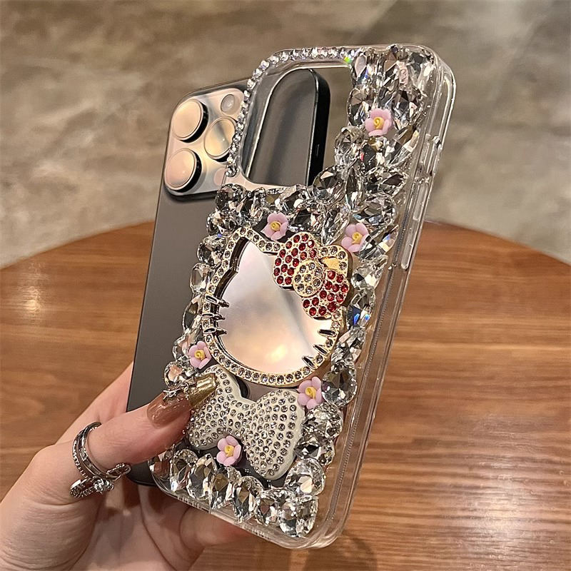 Luxury Glitter Cat Mirror Case with Rhinestone Bow