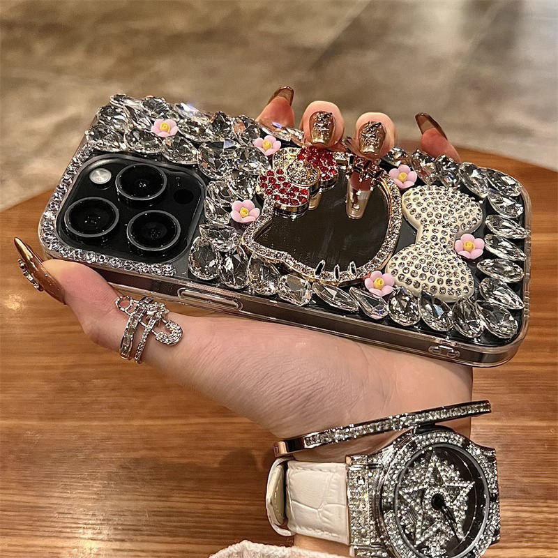 Luxury Glitter Cat Mirror Case with Rhinestone Bow