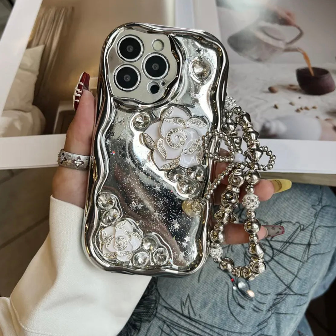 Mirror Chrome Camellia Bling iPhone Case