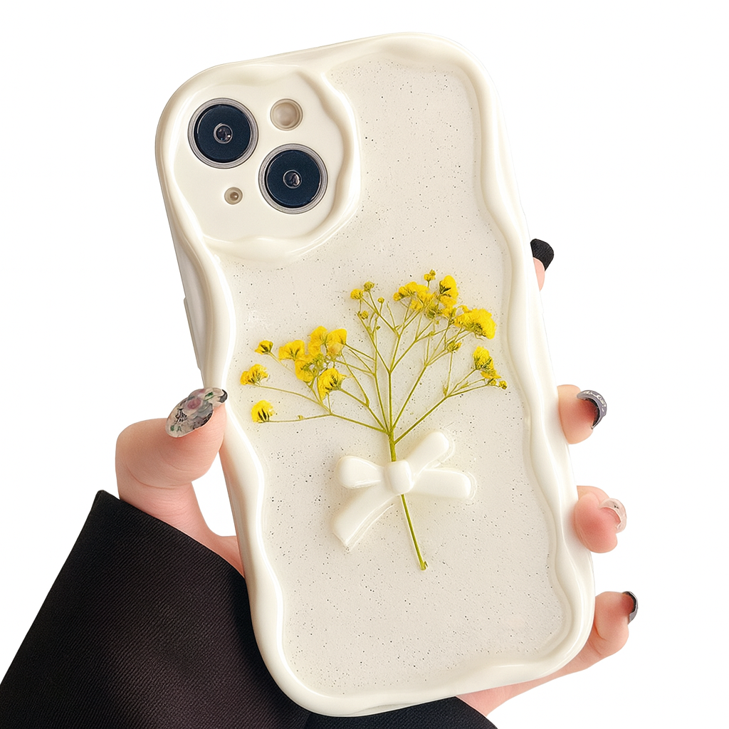 Pressed Flower Glitter iPhone Case with 3D Bow and Wavy Edge Design