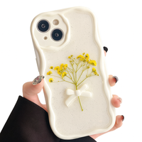 Pressed Flower Glitter iPhone Case with 3D Bow and Wavy Edge Design