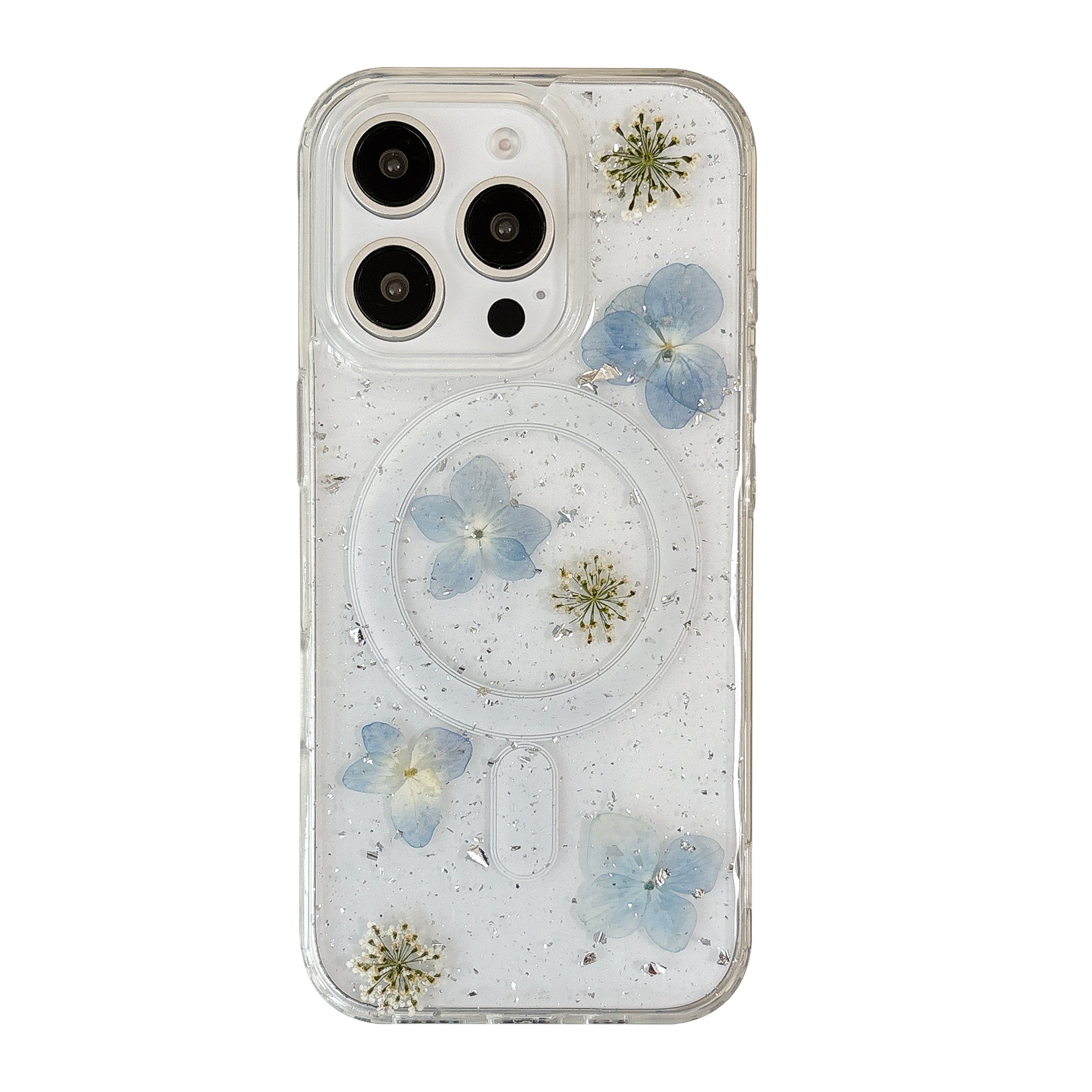 Clear MagSafe Case with Blue Daisy Flower Design