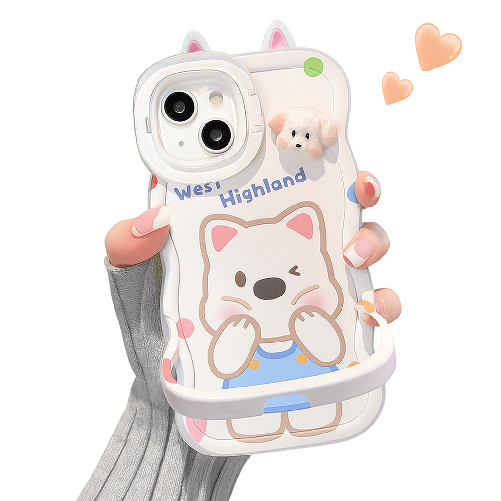 Cute Puppy Doll Case with 3D Plush Dog and Cartoon Design