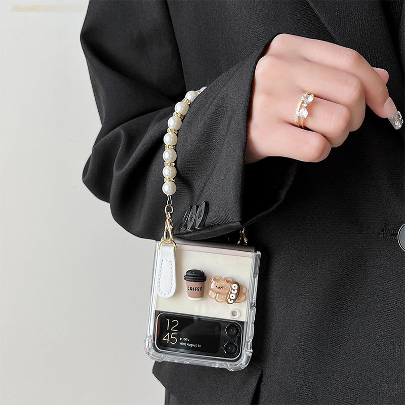 Coffee Bear Transparent Phone Case with Pearl Bracelet Strap