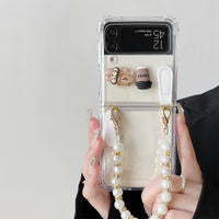Coffee Bear Transparent Phone Case with Pearl Bracelet Strap