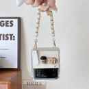 Coffee Bear Transparent Phone Case with Pearl Bracelet Strap