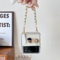 Coffee Bear Transparent Phone Case with Pearl Bracelet Strap