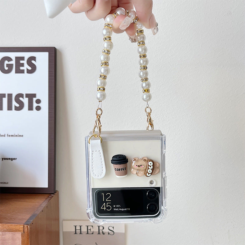 Coffee Bear Transparent Phone Case with Pearl Bracelet Strap
