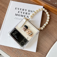 Coffee Bear Transparent Phone Case with Pearl Bracelet Strap