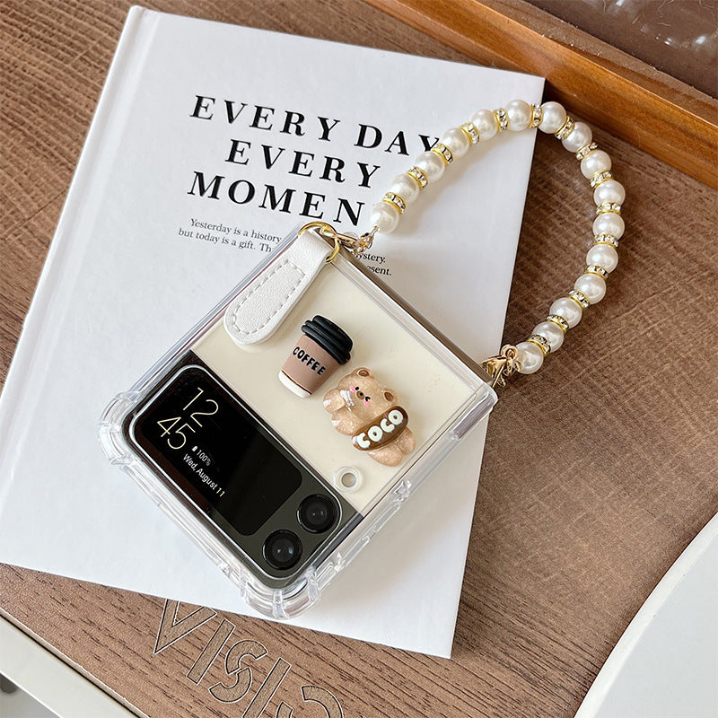 Coffee Bear Transparent Phone Case with Pearl Bracelet Strap
