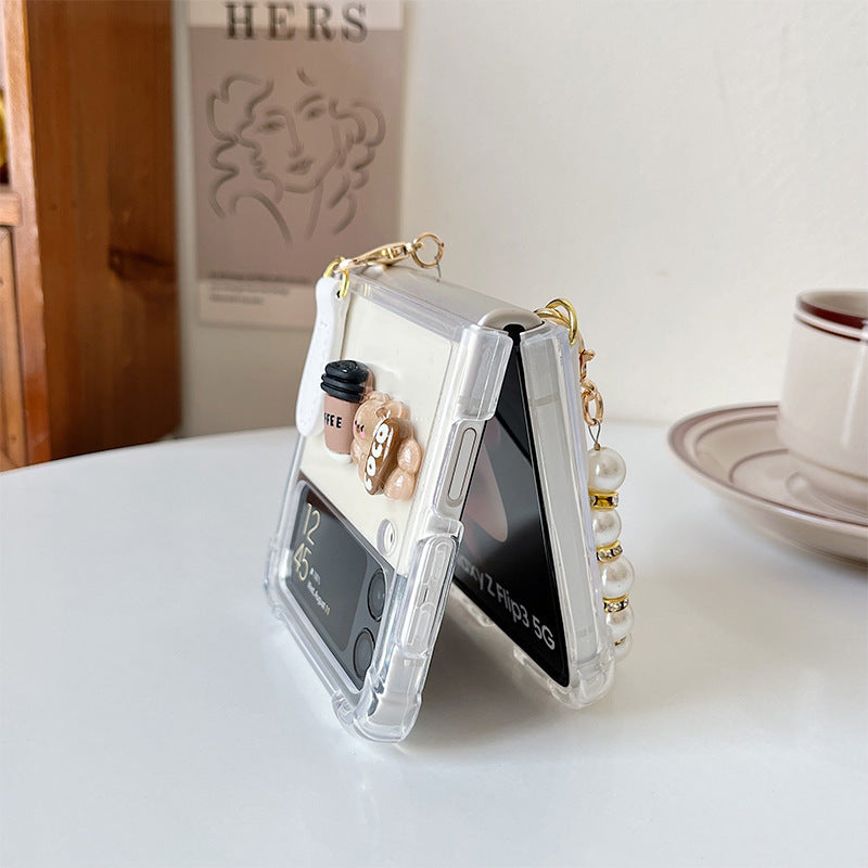 Coffee Bear Transparent Phone Case with Pearl Bracelet Strap