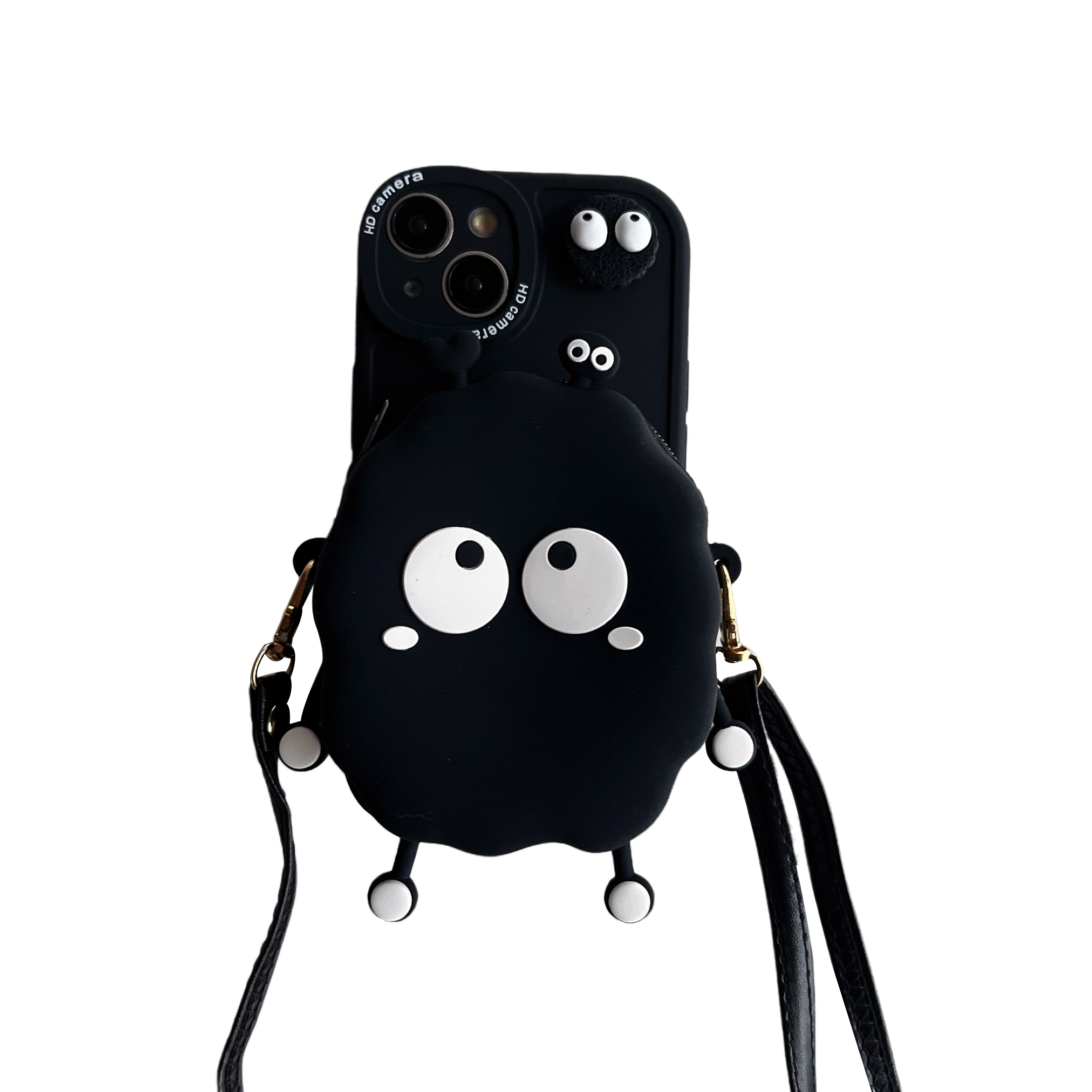 Cute Coal Ball Plush iPhone Case with Strap & Card Holder