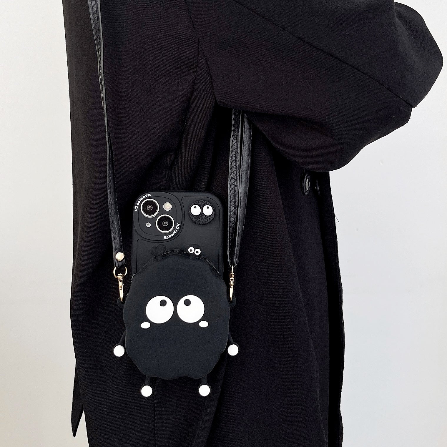 Cute Coal Ball Plush iPhone Case with Strap & Card Holder