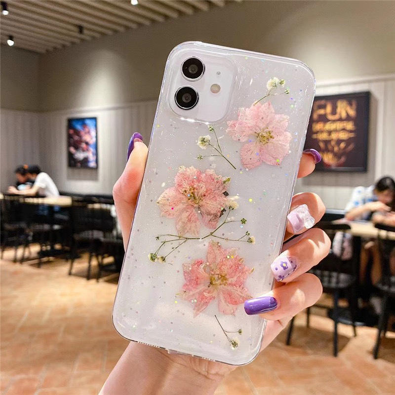 Real Dried Flower Resin iPhone Case with Sparkling Glitter Clear Finish