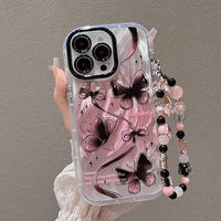 Pink Butterfly Print Case with Beaded Wrist Strap