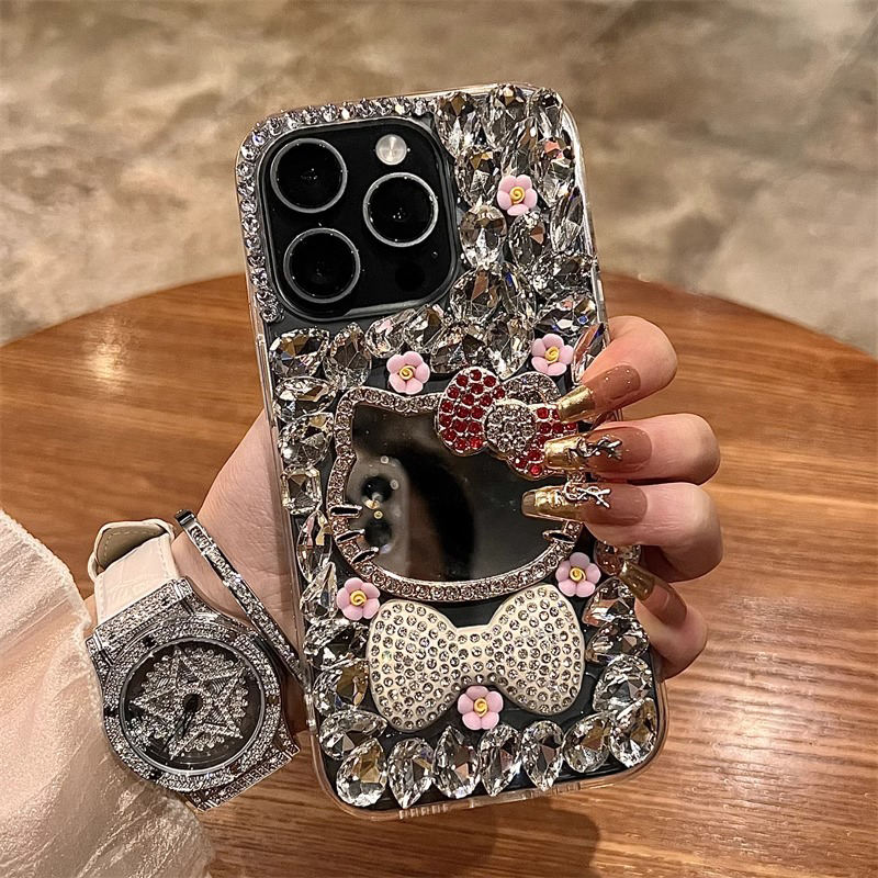 Luxury Glitter Cat Mirror Case with Rhinestone Bow