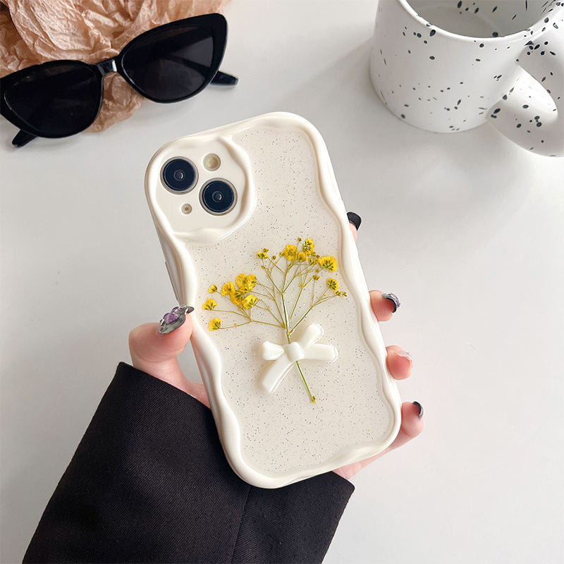 Pressed Flower Glitter iPhone Case with 3D Bow and Wavy Edge Design