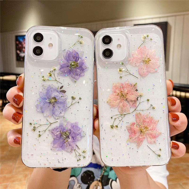 Real Dried Flower Resin iPhone Case with Sparkling Glitter Clear Finish