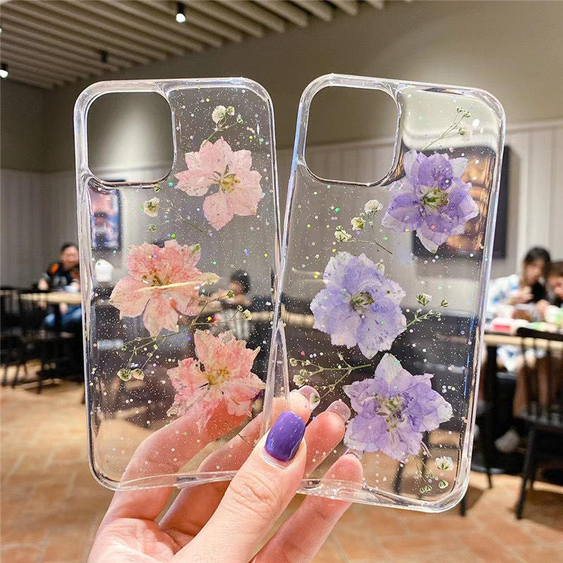 Real Dried Flower Resin iPhone Case with Sparkling Glitter Clear Finish