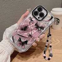 Pink Butterfly Print Case with Beaded Wrist Strap