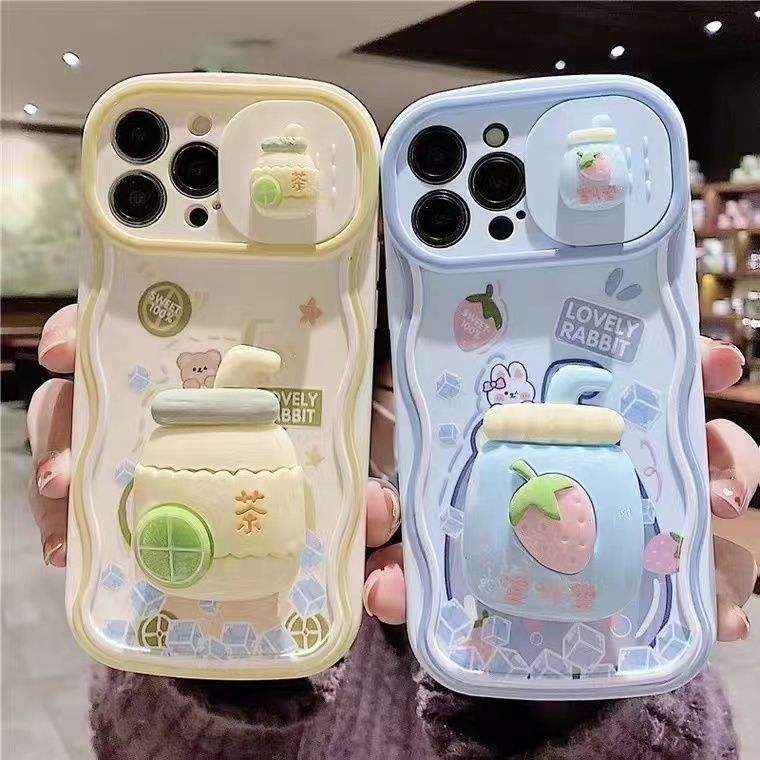 Cute 3D Milk Tea Cup Case – Soft Shockproof Cover with Camera Protector & Hand Grip