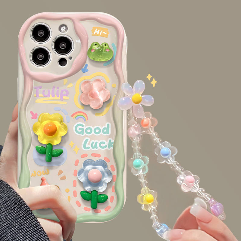 Cute 3D Flower Ripple Case with Beaded Strap