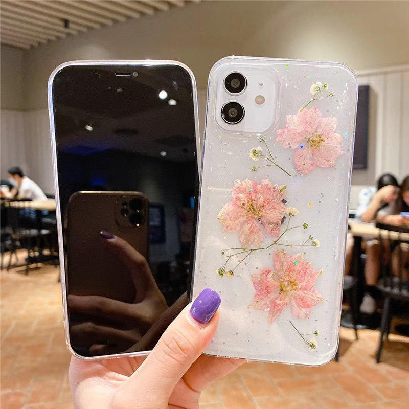 Real Dried Flower Resin iPhone Case with Sparkling Glitter Clear Finish