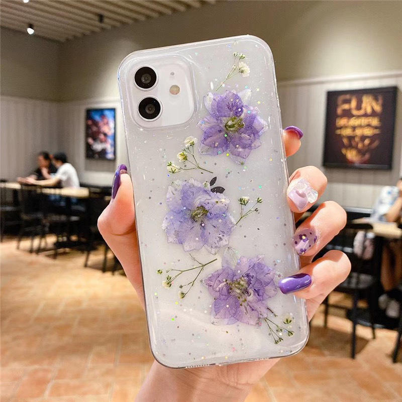 Real Dried Flower Resin iPhone Case with Sparkling Glitter Clear Finish