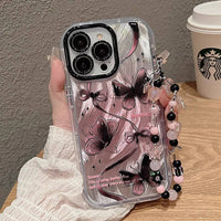 Pink Butterfly Print Case with Beaded Wrist Strap