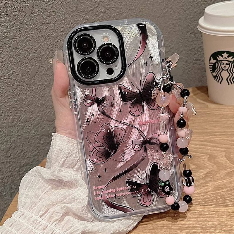 Pink Butterfly Print Case with Beaded Wrist Strap
