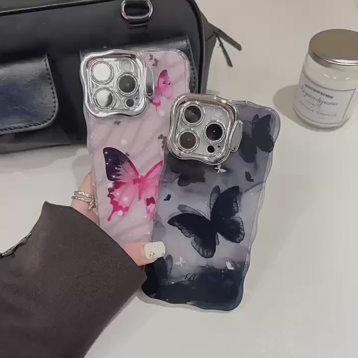 Black Butterfly Wave Glitter Case with Electroplated Lens Protector