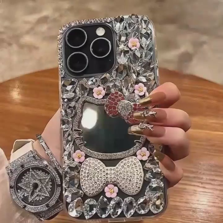 Luxury Glitter Cat Mirror Case with Rhinestone Bow