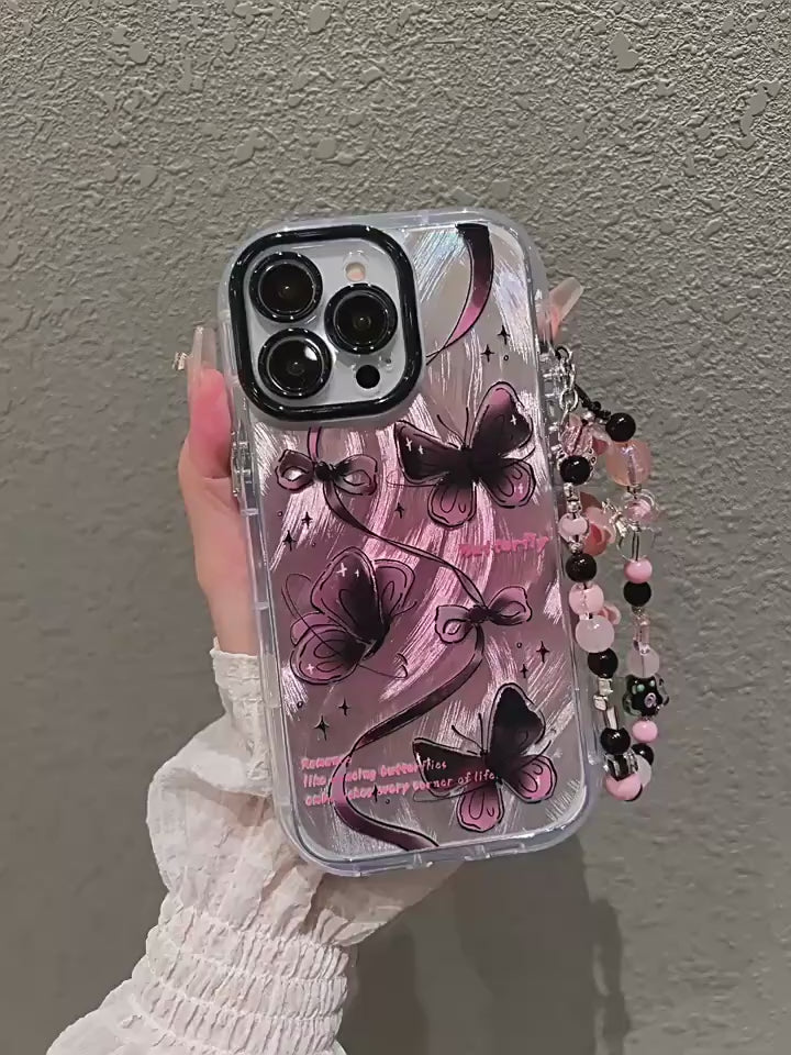Pink Butterfly Print Case with Beaded Wrist Strap