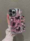 Pink Butterfly Print Case with Beaded Wrist Strap